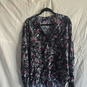 Rock & Republic Black and Pink Lace-Up Blouse